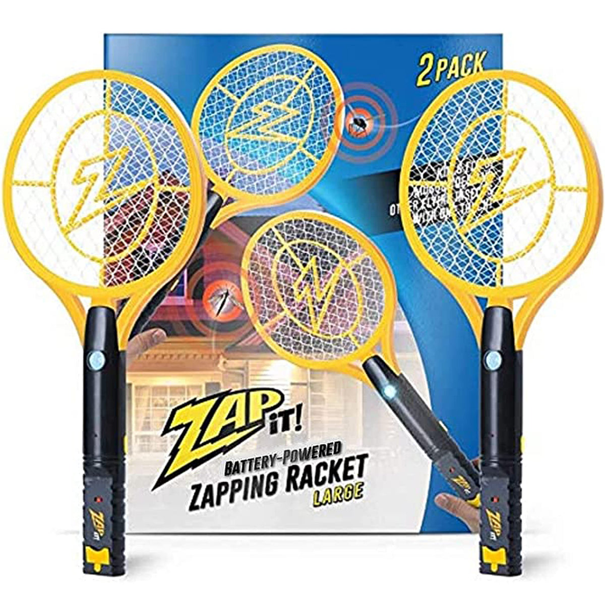 Zap It bug zapper racket activated with 3,500-volt grid for instant insect control.
