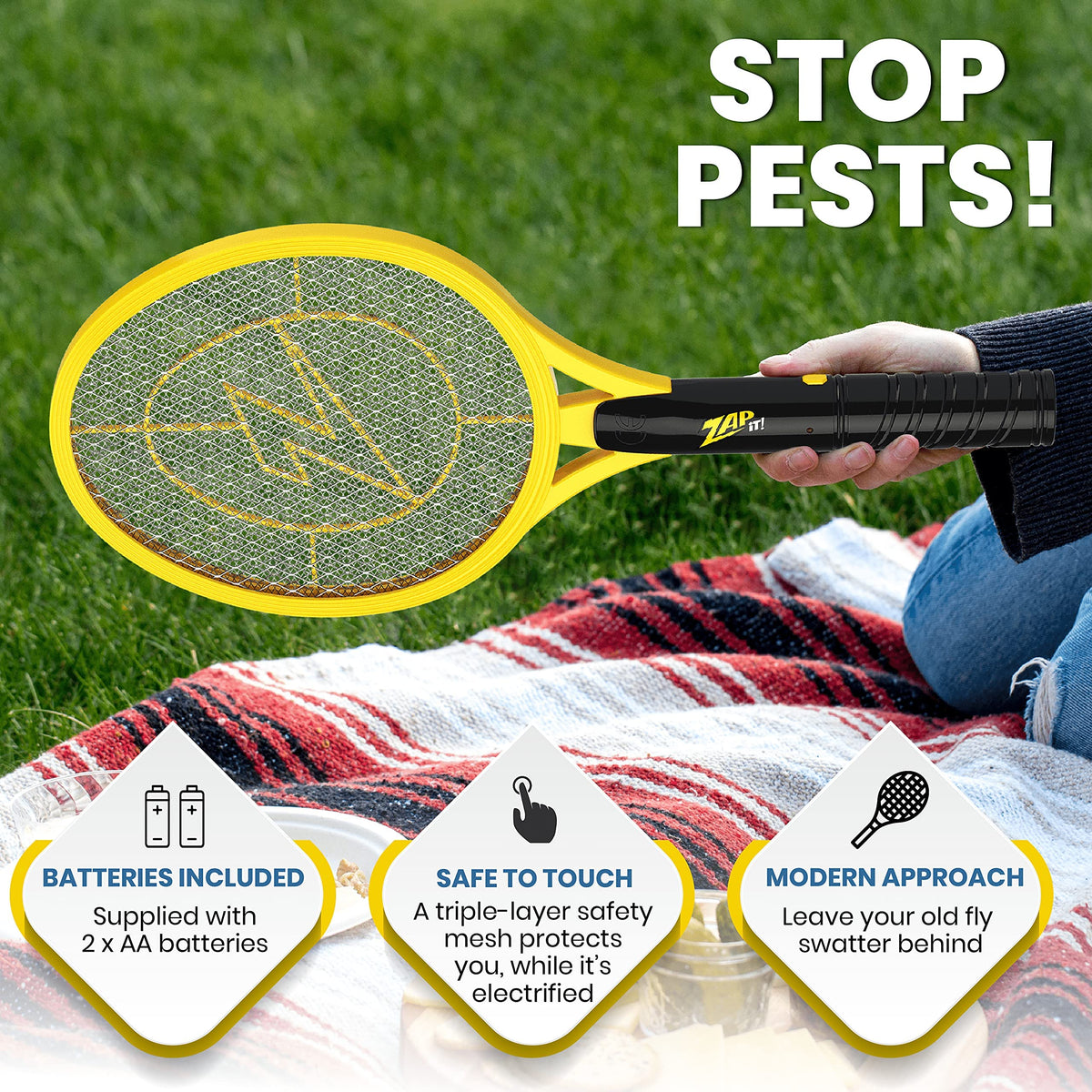 Zap It racket shown in action outdoors against flying pests.