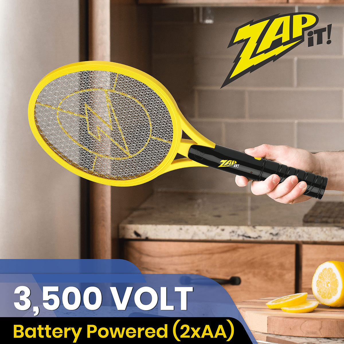Zap It bug zapper racket safety mesh and activation button for safe family use.