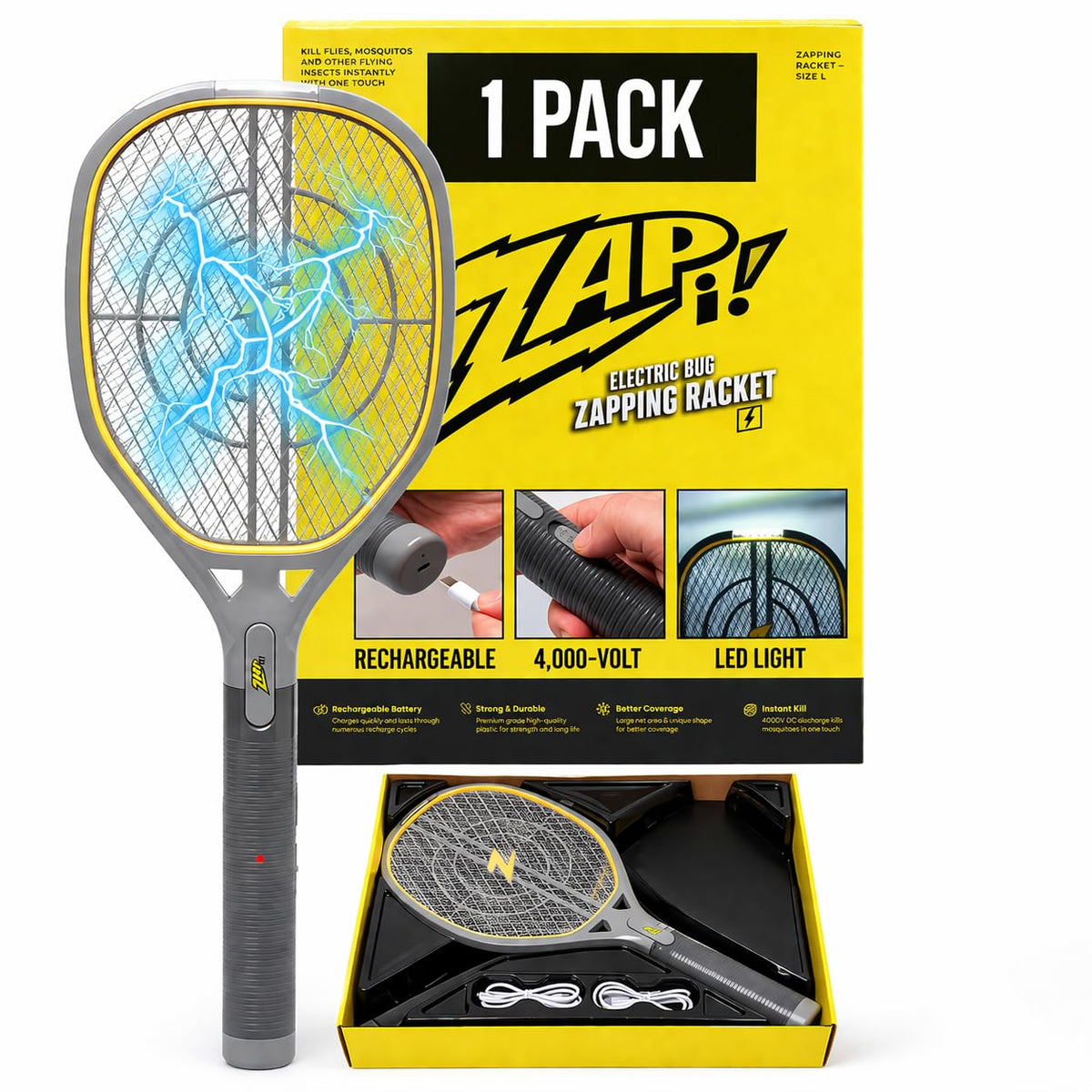 ZAP IT! Rechargeable fly zapper racket front view for quick results