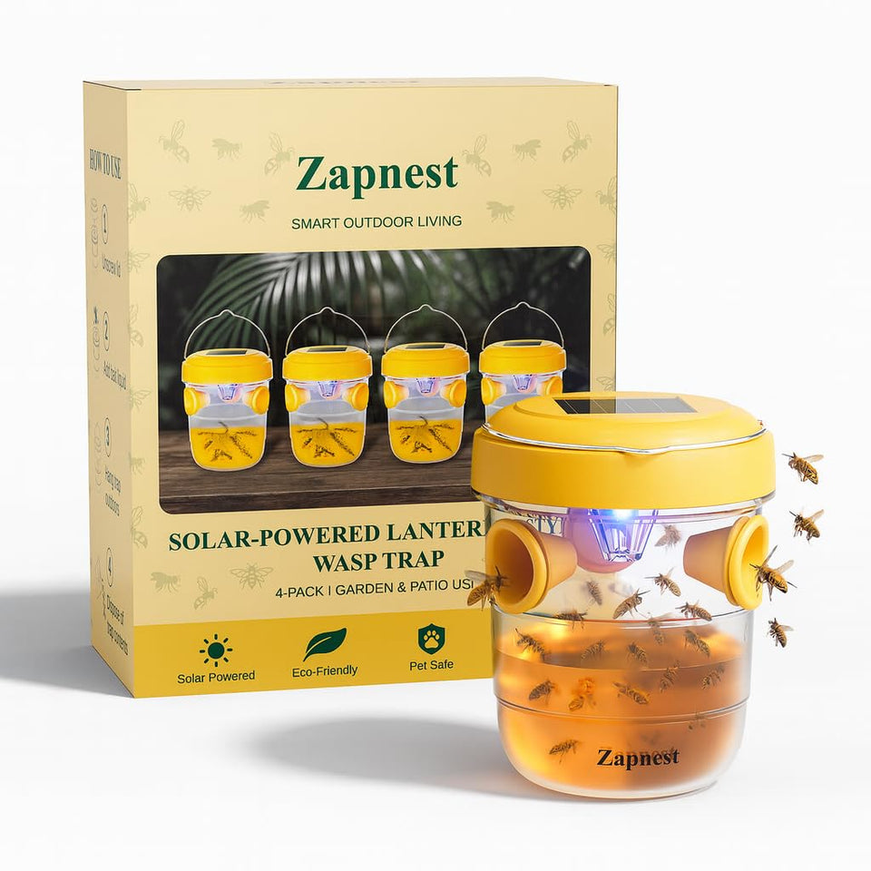 Zapnest 4-pack solar wasp trap ready for outdoor hanging to deter pests.