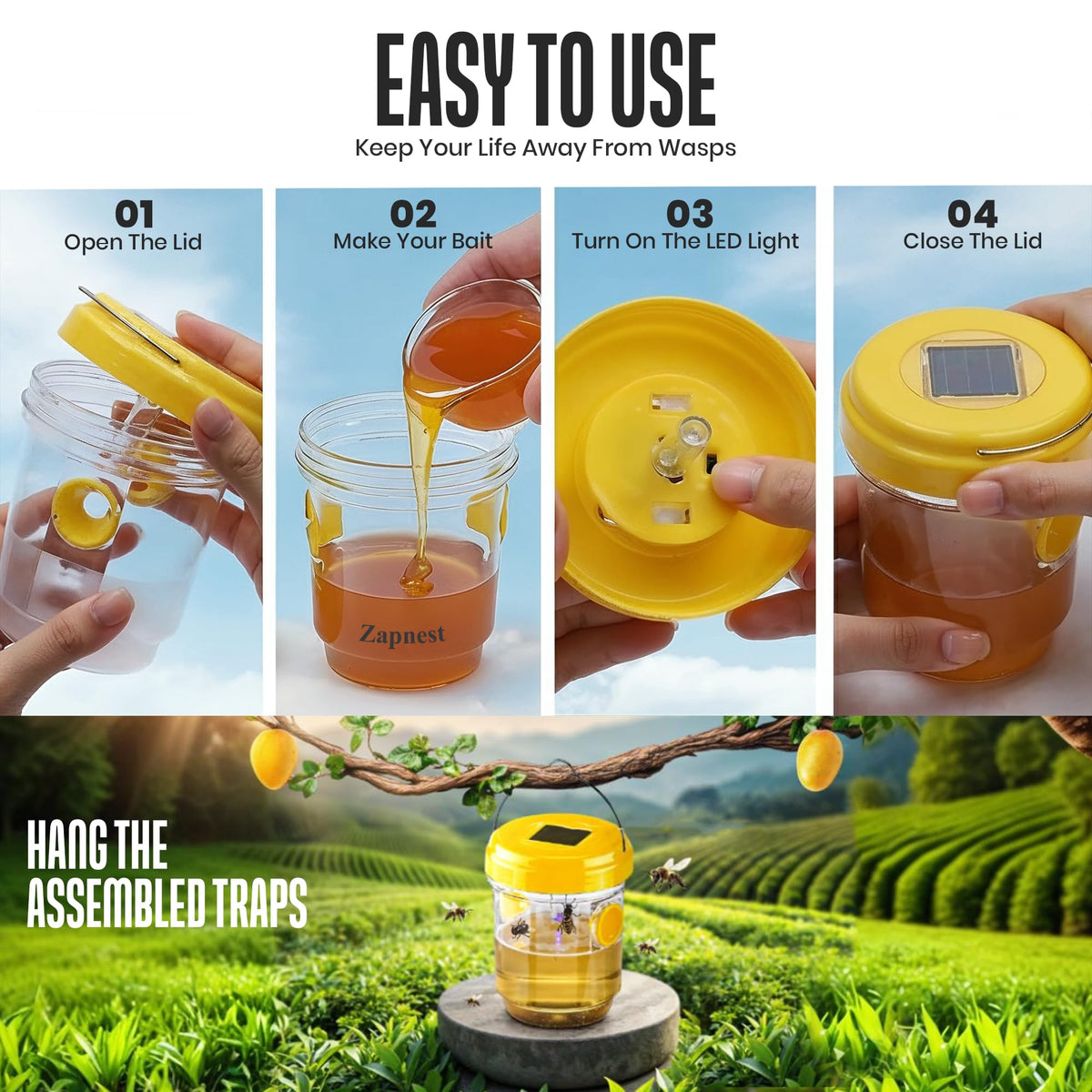 Zapnest trap features LED night light to attract insects after dark.