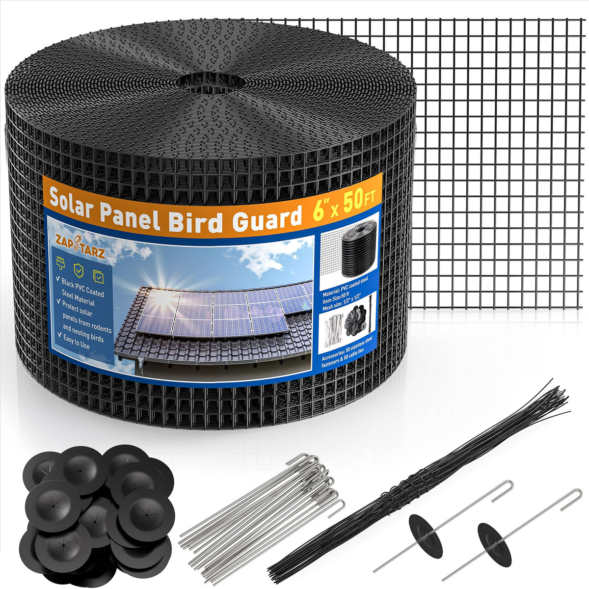 Zapstarz solar panel bird guard 6in x 50ft protects panels from birds.