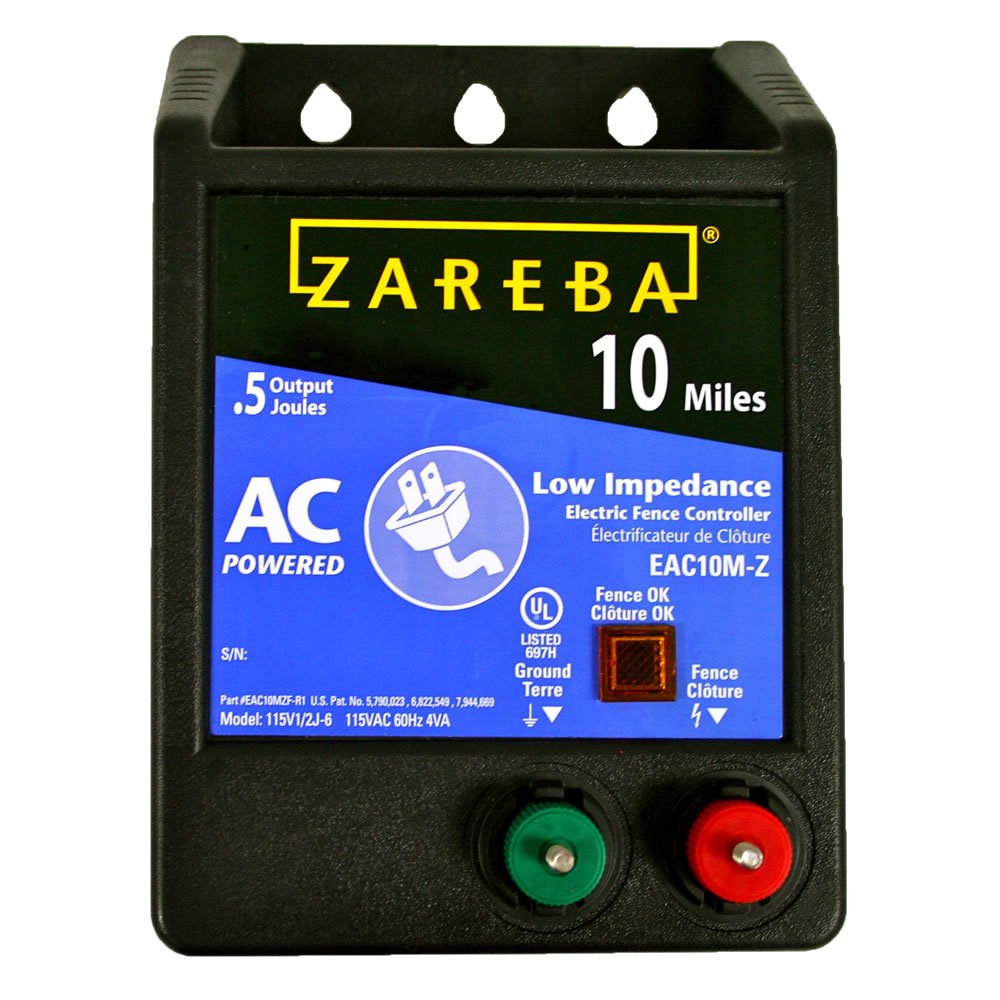 Zareba 10 Mile charger front view; rugged outdoor cabinet for weather protection