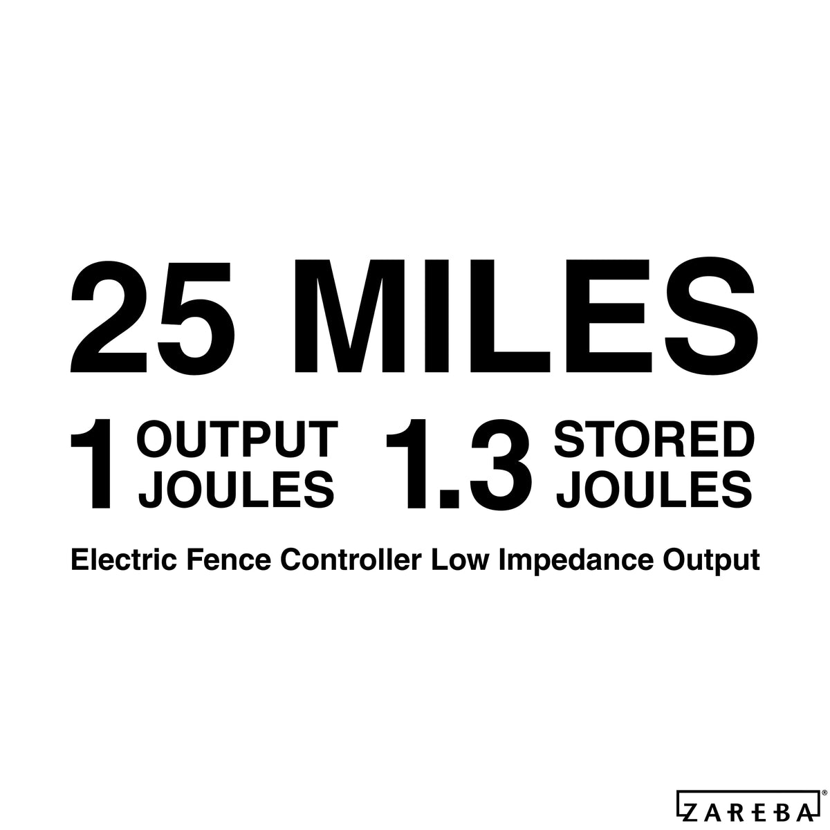 Zareba EAC25M-Z 1-joule output delivering strong energy for livestock containment.