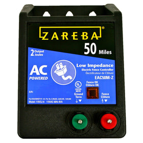Zareba EAC50M-Z outdoor charger in rugged cabinet for weather-ready fencing.