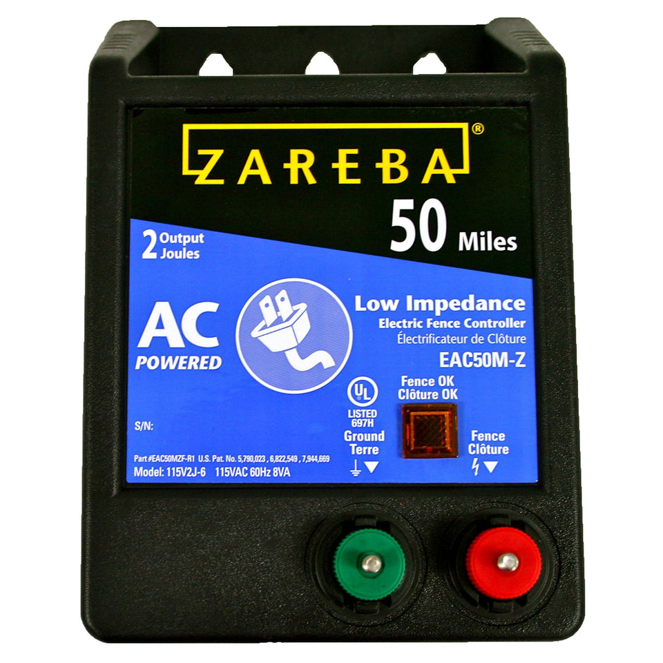 Zareba EAC50M-Z outdoor charger in rugged cabinet for weather-ready fencing.
