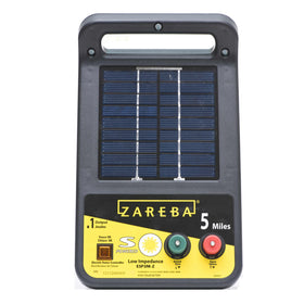 Zareba ESP5M-Z solar charger front view powering up to 5 miles.