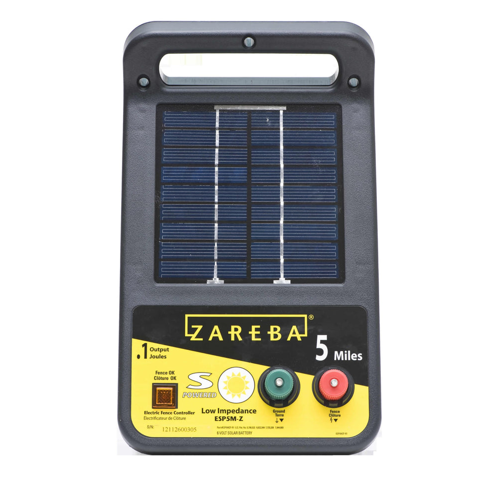Zareba ESP5M-Z solar charger front view powering up to 5 miles.