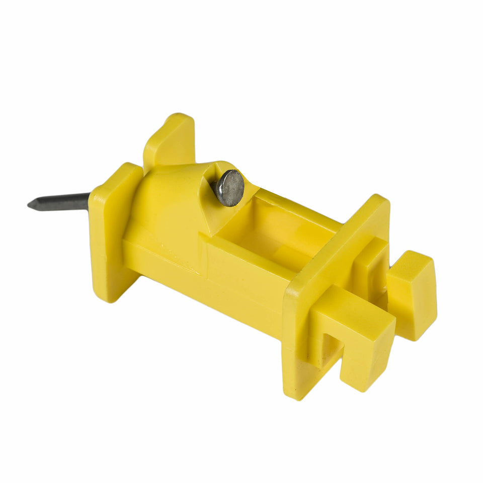 Zareba slant nail insulator on wooden post extends fence wire efficiently.