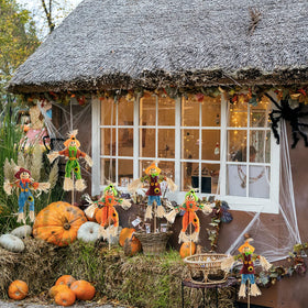 ZAUGONTW harvest scarecrow front view adds charming autumn ambiance to yards.