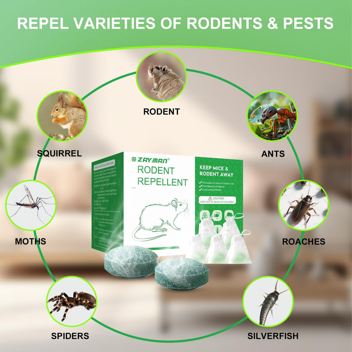 ZAYMAN mouse repellent pouch on kitchen shelf for indoor pest prevention.