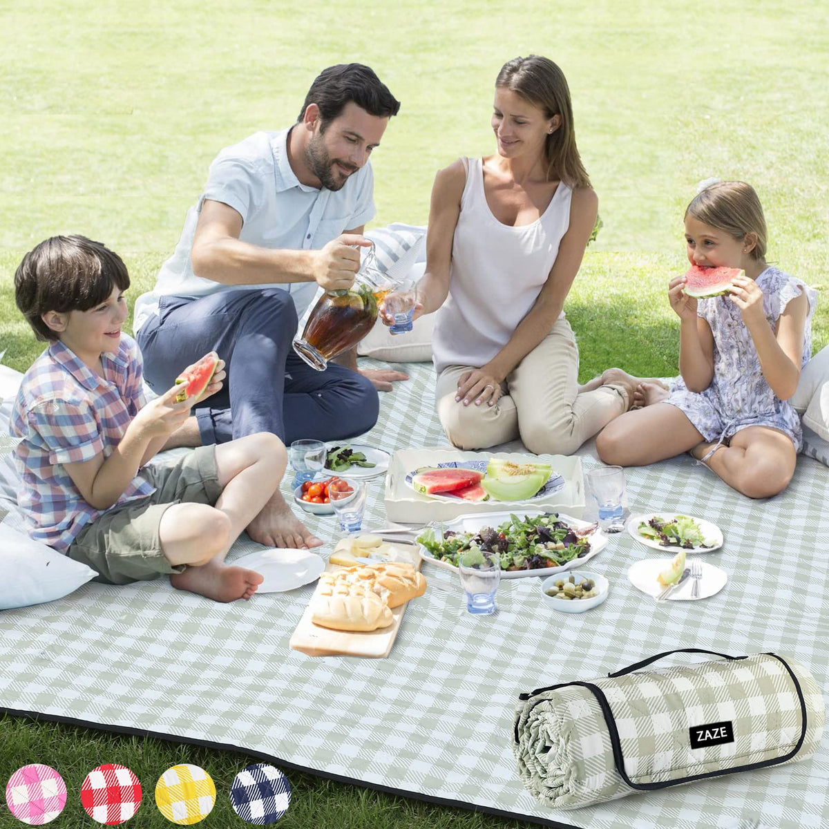 ZAZE Extra Large Picnic Blanket opened to 80x80 inches for spacious outdoor seating.