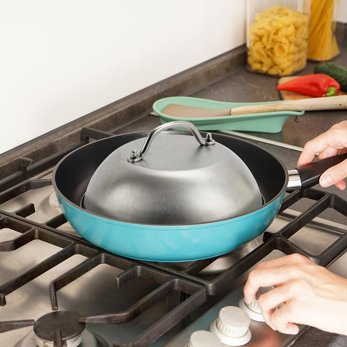 ZBXFCSH commercial-grade 9-inch dome lid on a griddle