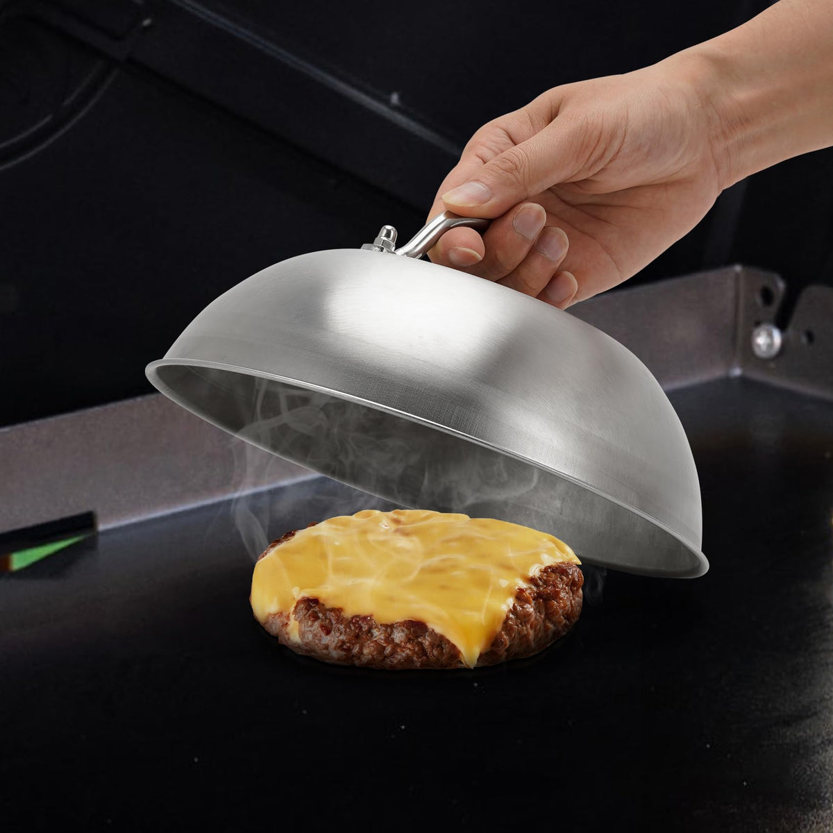 ZBXFCSH dome lid used indoors and outdoors on a griddle