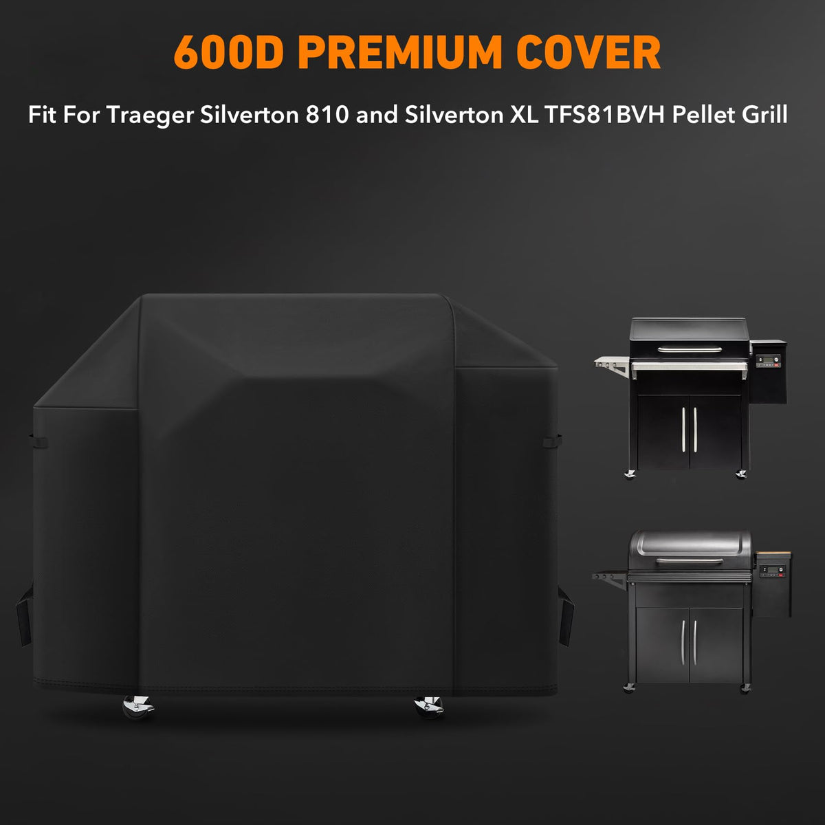 ZBXFCSH cover for Traeger Silverton XL, side view, guards against rain