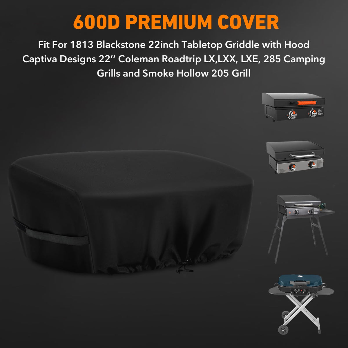 ZBXFCSH grill cover on 22-inch Blackstone 1813; side view prevents wind damage