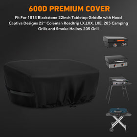 ZBXFCSH grill cover on 22-inch Blackstone 1813; side view prevents wind damage