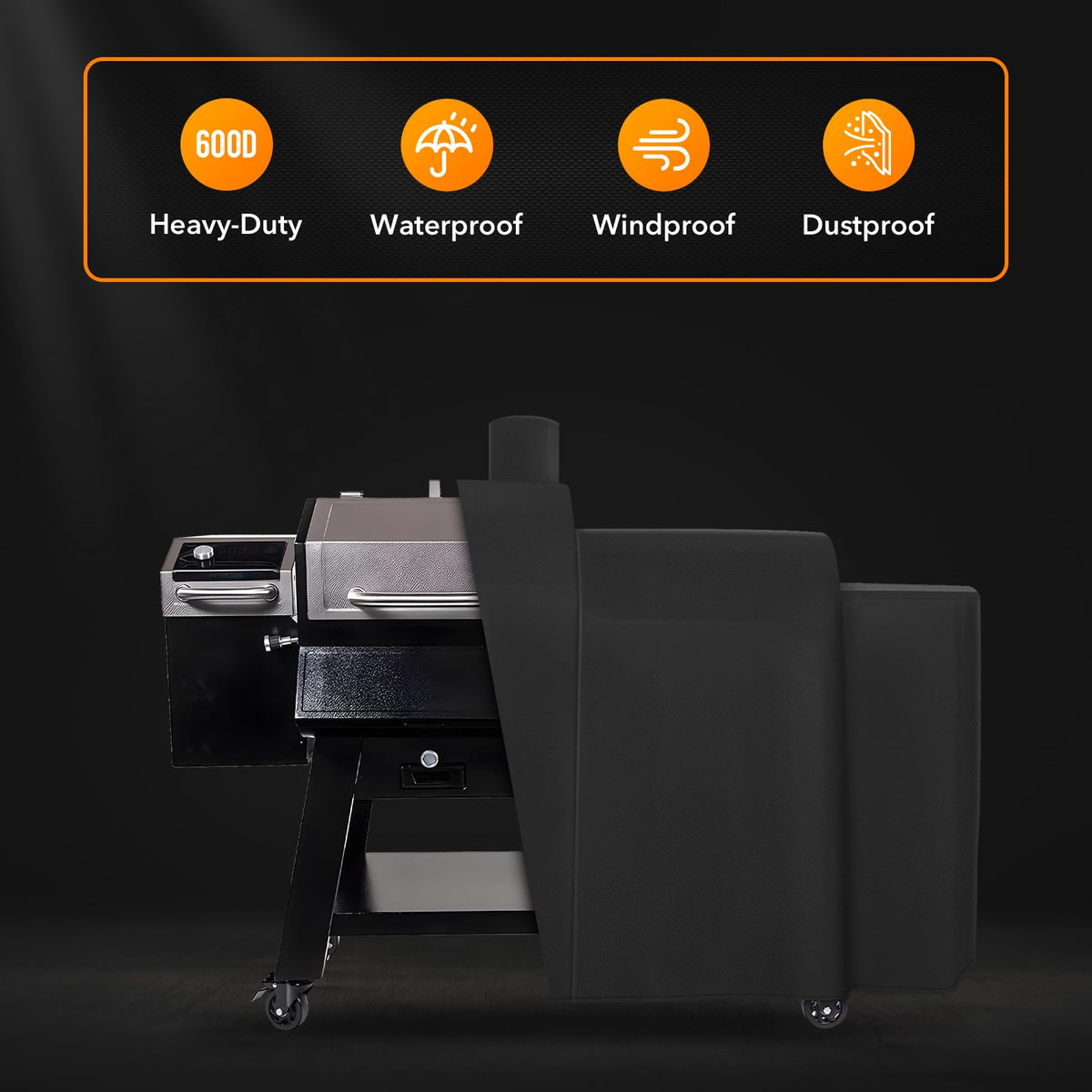 ZBXFCSH waterproof outdoor cover shields the grill from rain and dirt.