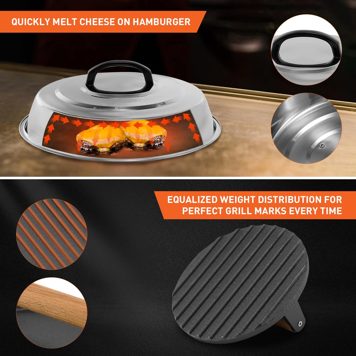 ZBXFCSH cast-iron grill press 7in flattens bacon for even browning