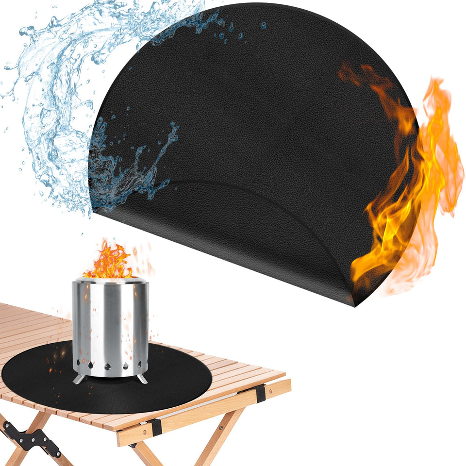 ZCHLPTZUP 20-inch tabletop fire pit mat protecting wooden surface from heat and stains.