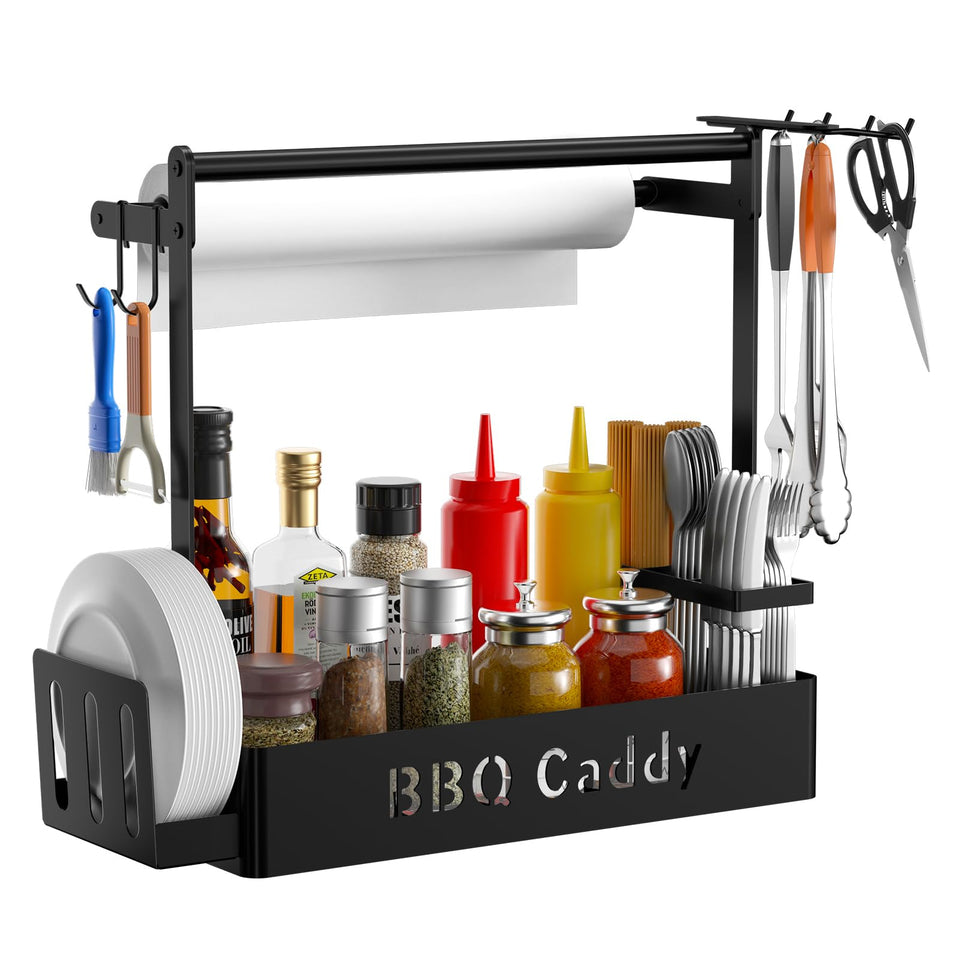 ZDDLOINP grill caddy with paper towel holder keeps towels within easy reach while grilling.