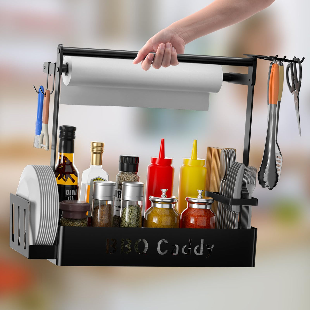 ZDDLOINP grill caddy with removable hooks adds flexible storage for tools.