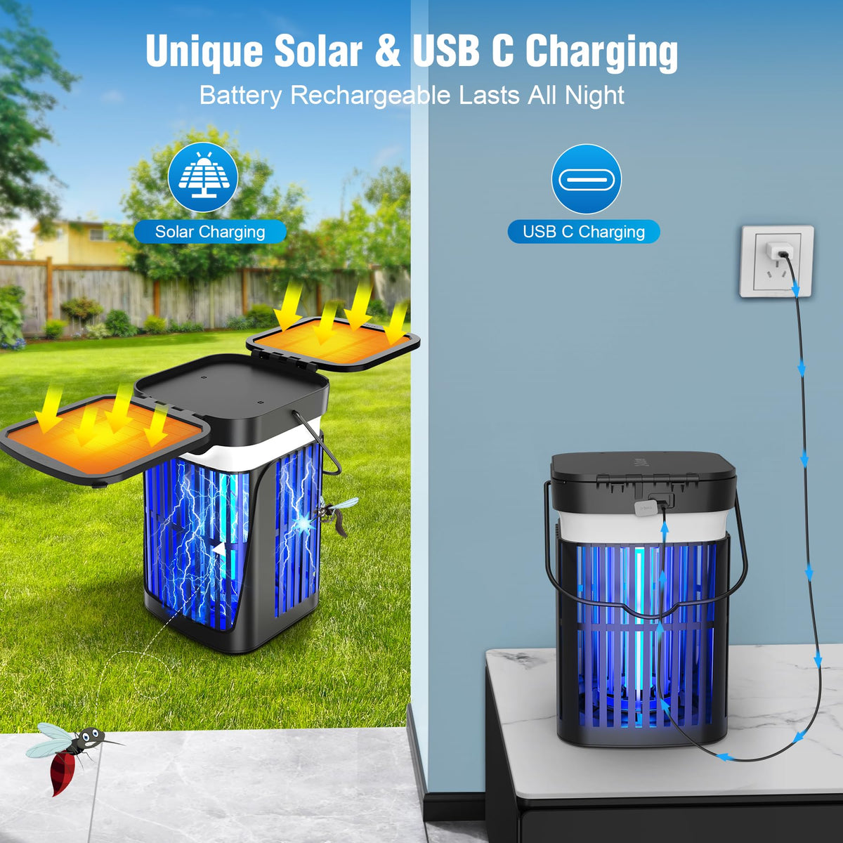 Zechuan Solar Bug Zapper USB charging supports flexible power anywhere.