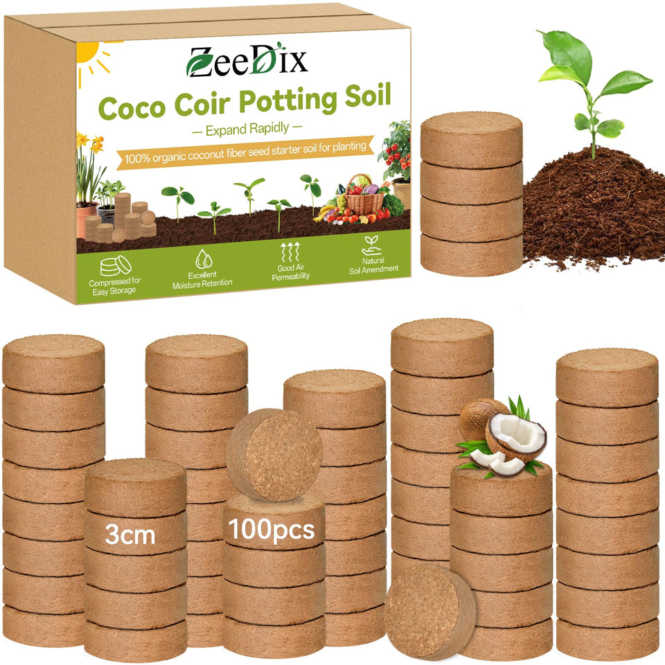 ZeeDix 100-pack coco coir pellets ready to hydrate for seed starting.