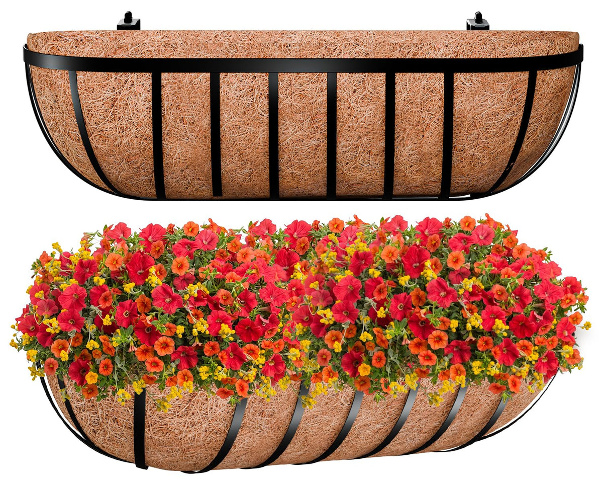 Zeedix 24-inch railing planter close-up, rust-resistant metal for outdoor use.