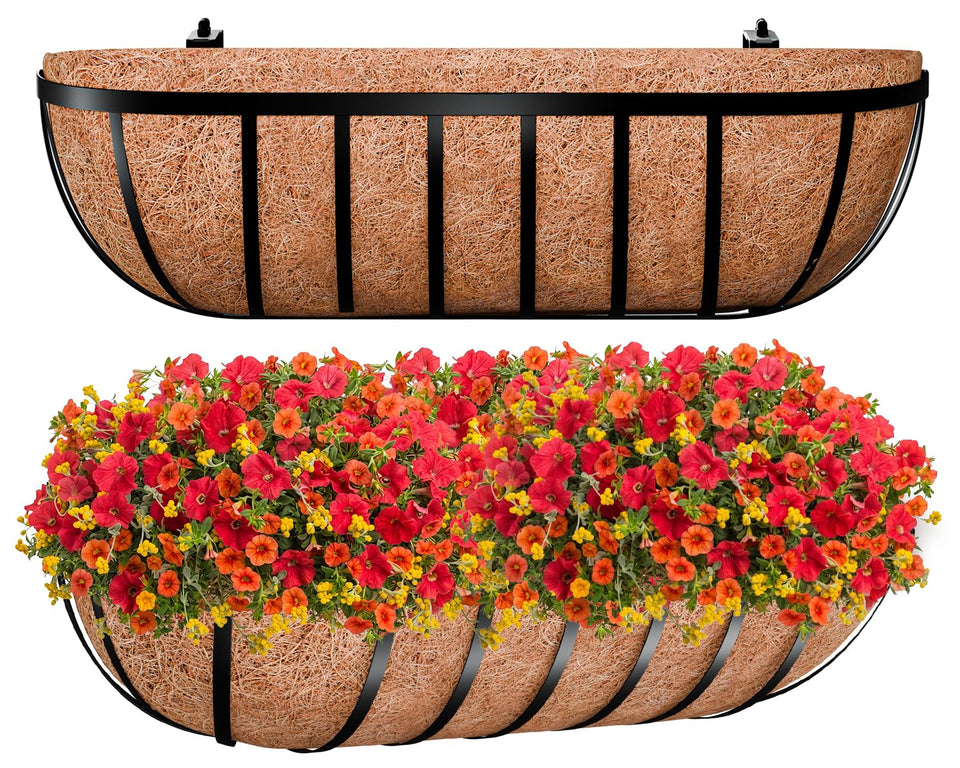 Zeedix 24-inch railing planter close-up, rust-resistant metal for outdoor use.