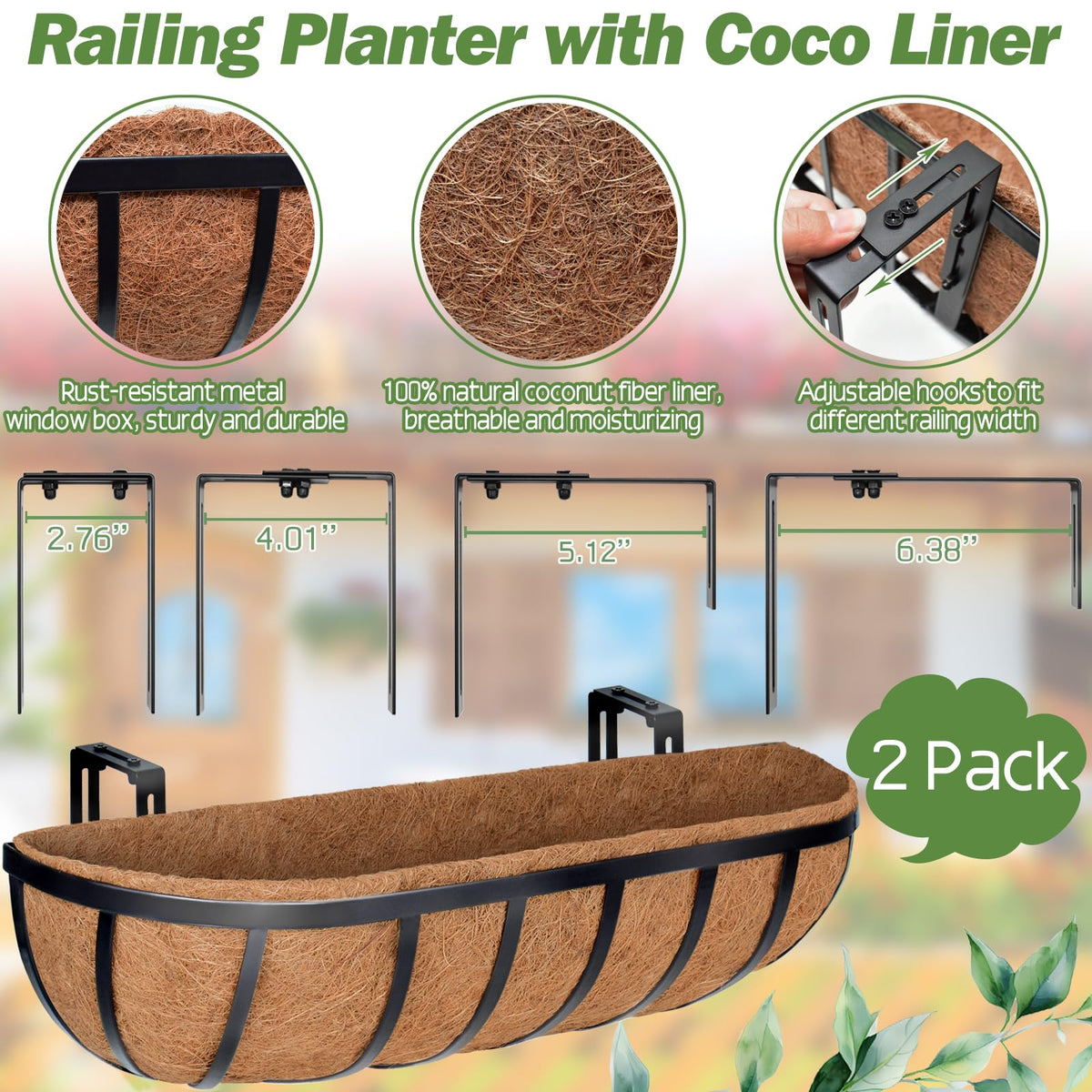 Zeedix two-pack railing planters mounted on a deck for flowers.