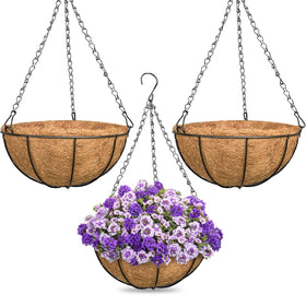 ZeeDix 3-pack 16-inch hanging basket with coconut liner for versatile indoor and outdoor planting