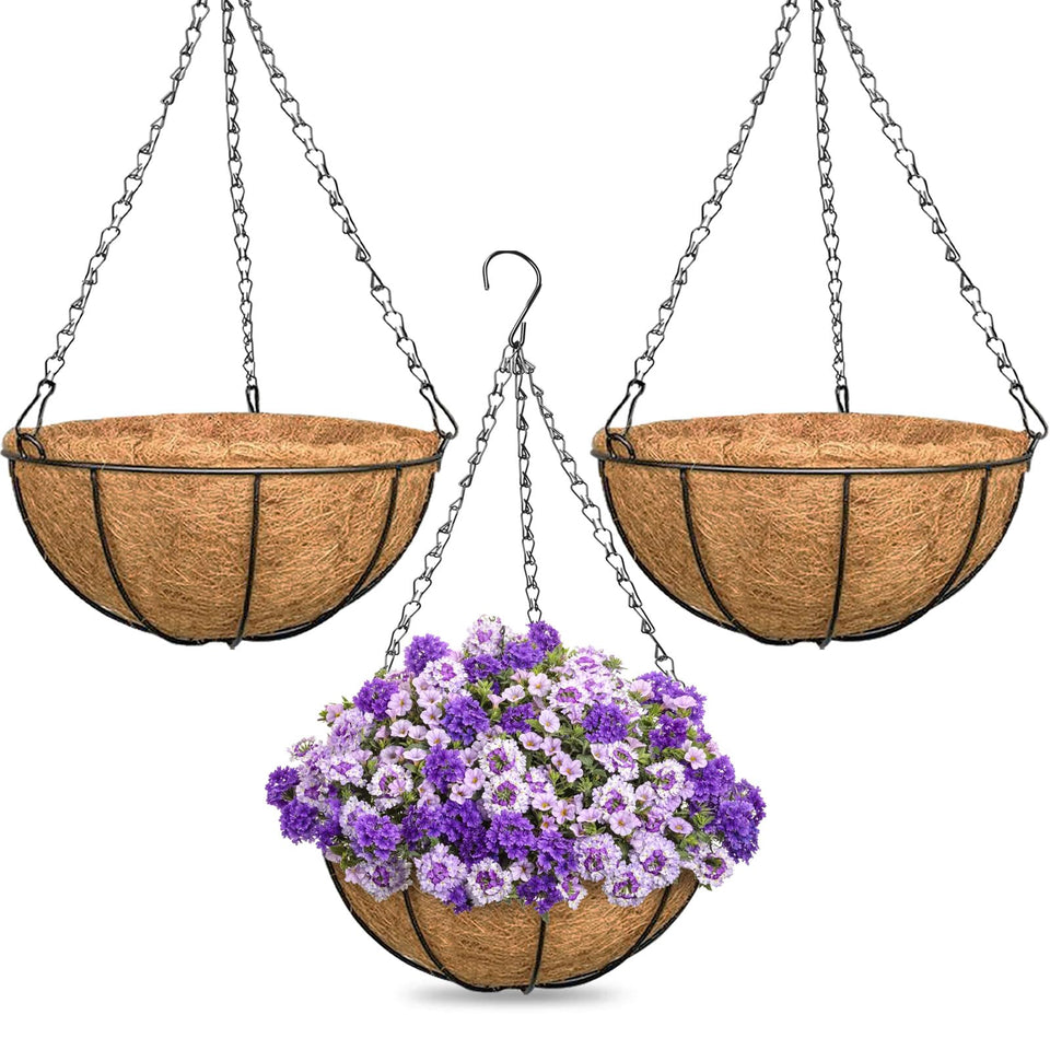 ZeeDix 3-pack 16-inch hanging basket with coconut liner for versatile indoor and outdoor planting