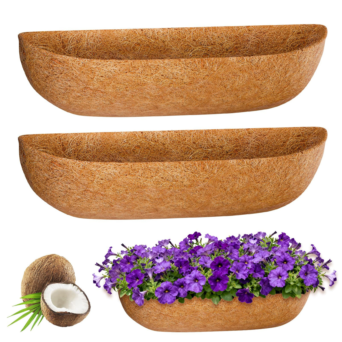 ZeeDix 36-inch coconut liner, half-moon shape, fits planters for better drainage.
