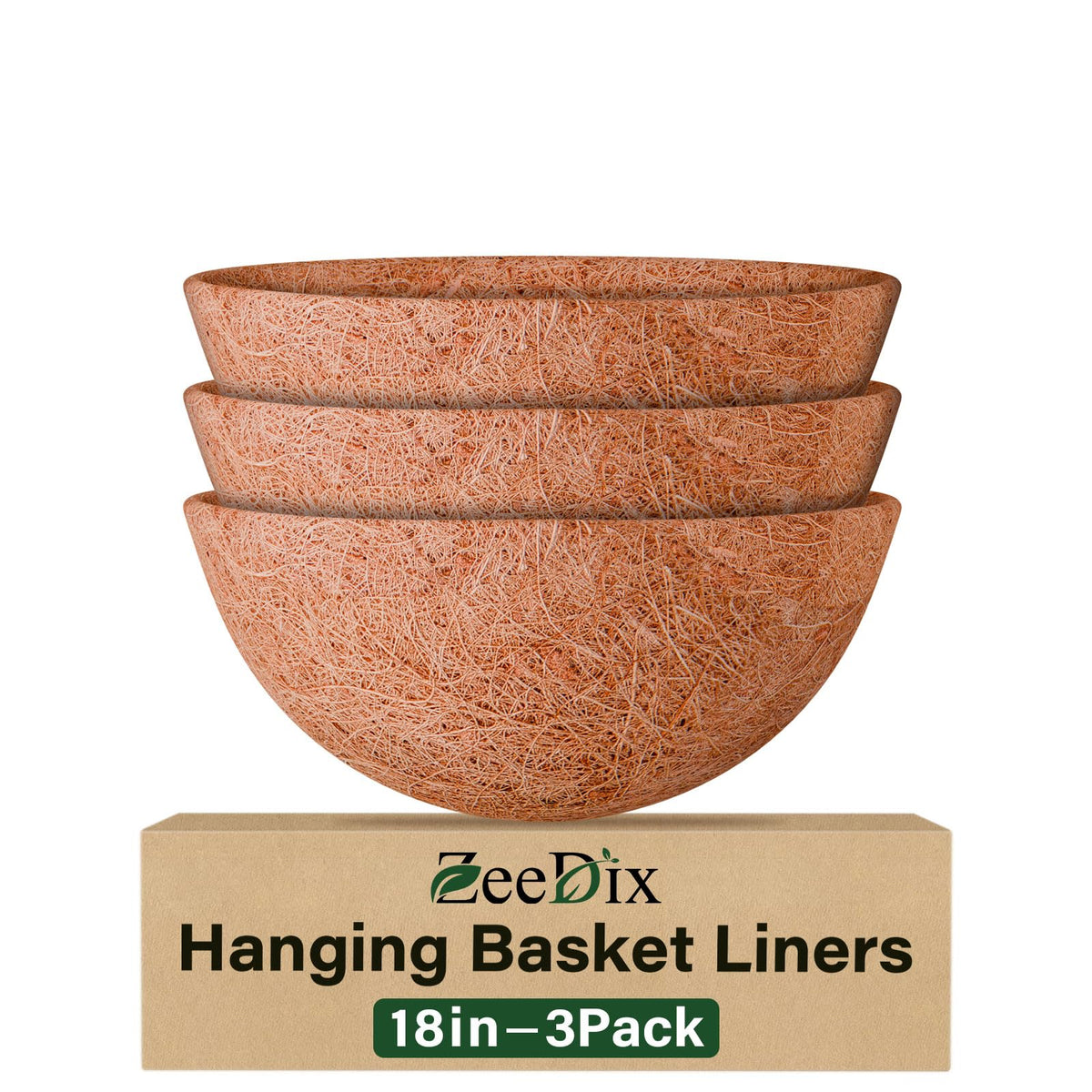 ZeeDix 3PCS 18-inch coco liners ready for hanging baskets, ideal for flowers and greens.
