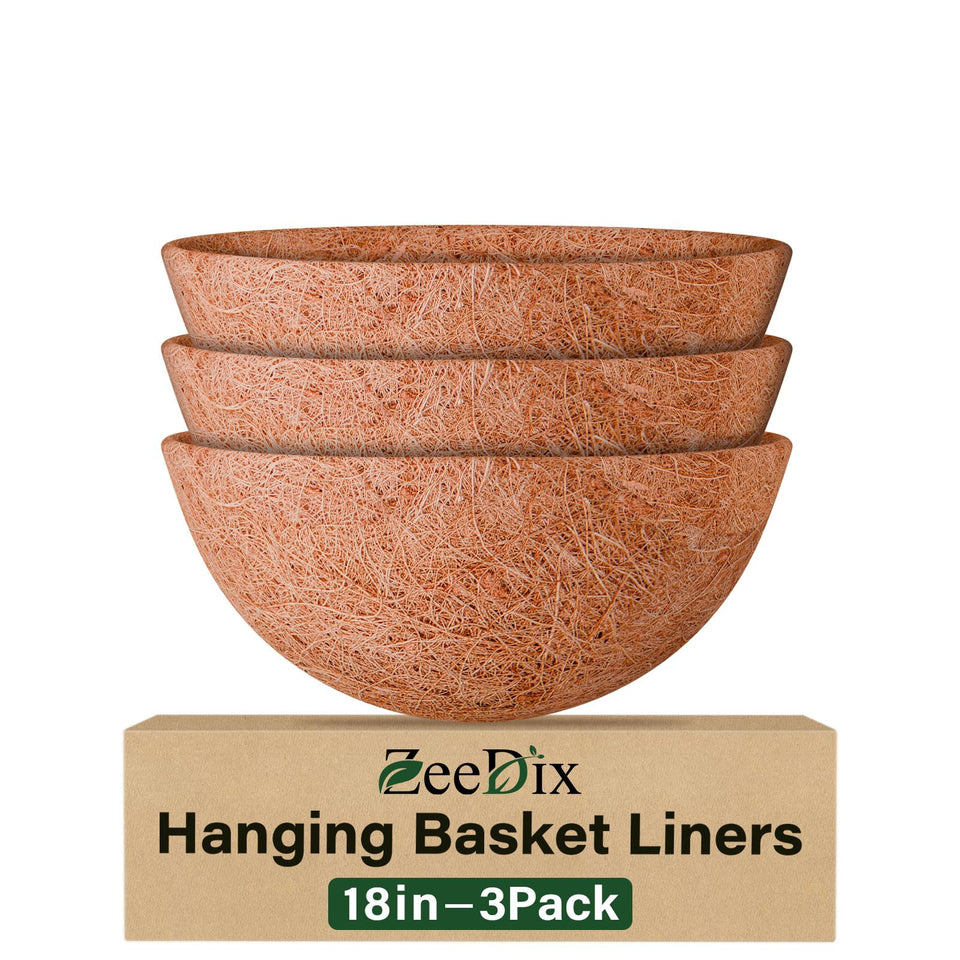 ZeeDix 3PCS 18-inch coco liners ready for hanging baskets, ideal for flowers and greens.