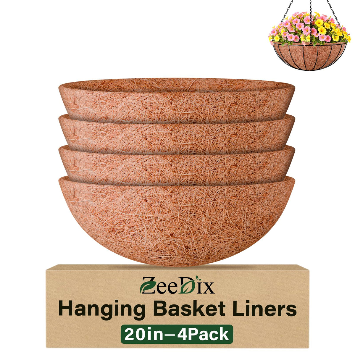 ZeeDix 4-pack 20-inch coco liner for hanging baskets improves aeration and water retention