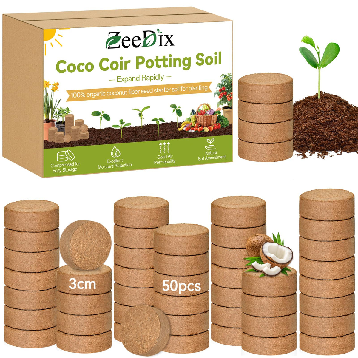 ZeeDix 50-pack coco coir pellets ready to expand for seed starting.