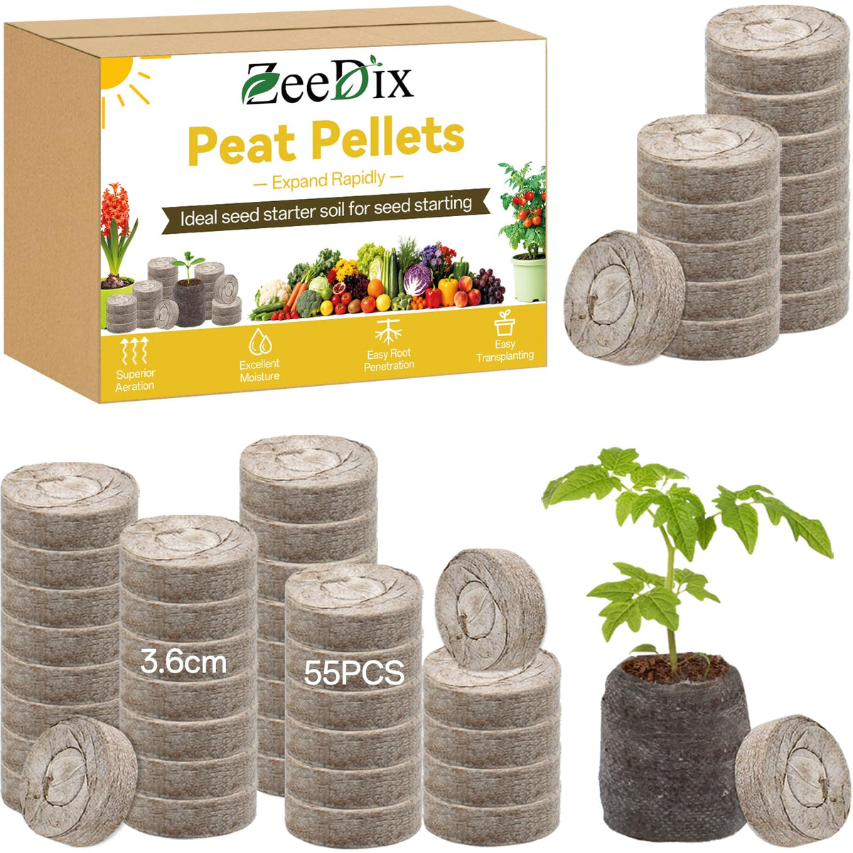 ZeeDix 55Pcs peat pellets 36mm pack for easy seed starting and tidy storage.