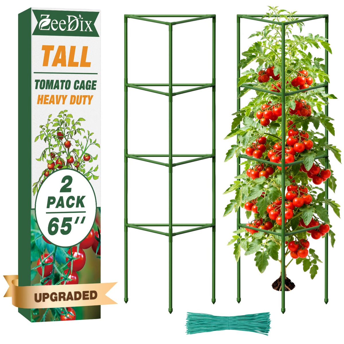 ZeeDix 65-inch tomato cage assembly showing ready-to-use structure for tall plants.