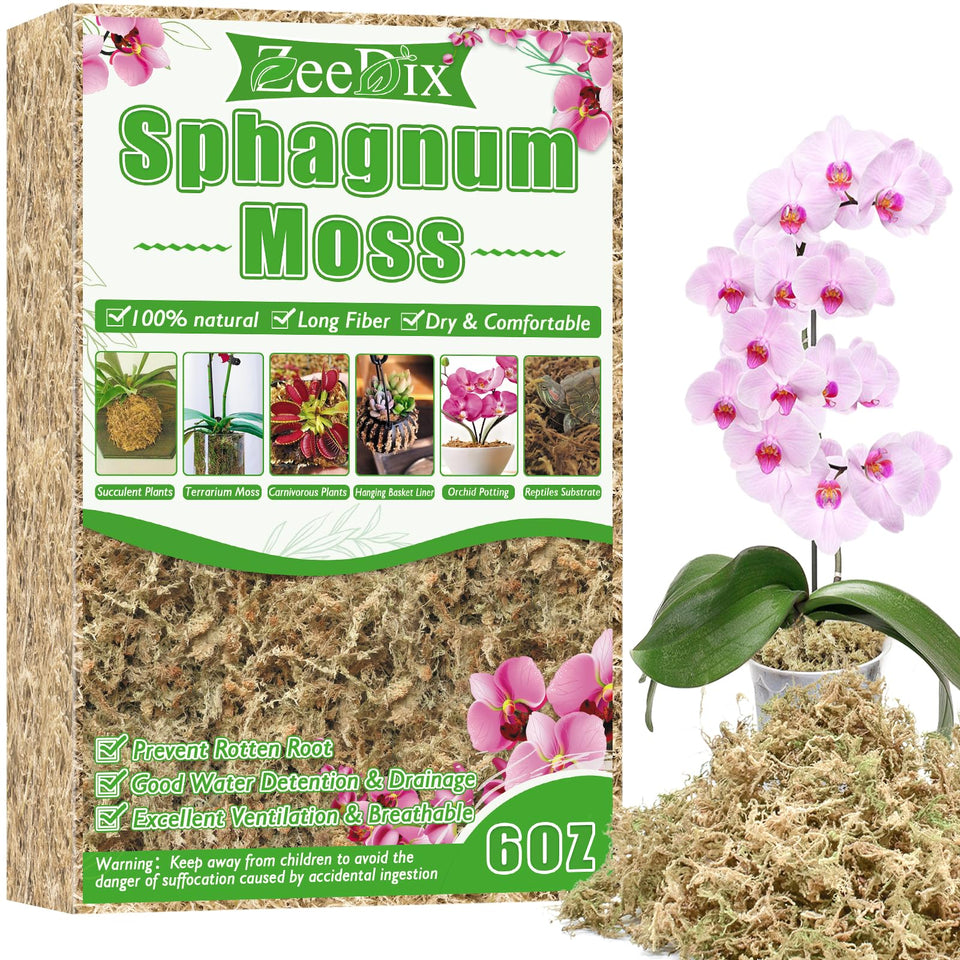 ZeeDix 6oz sphagnum moss package, ready for lightweight potting and moisture retention.