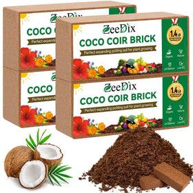 ZeeDix Coco Coir Brick 4-Pack expands into moisture-rich potting mix for gardening.