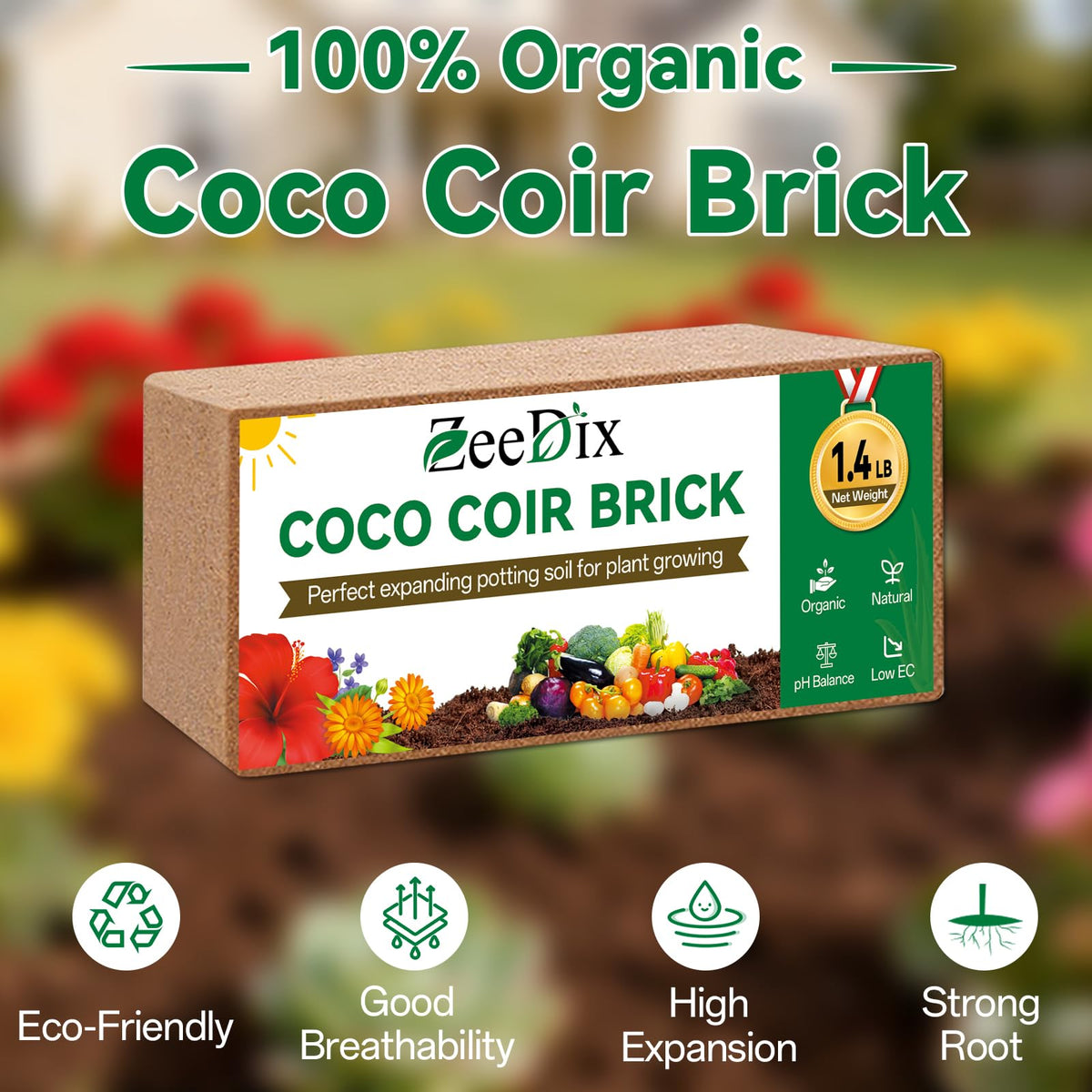 ZeeDix Coco Coir Brick compact 8x4x2 inch size for convenient storage.