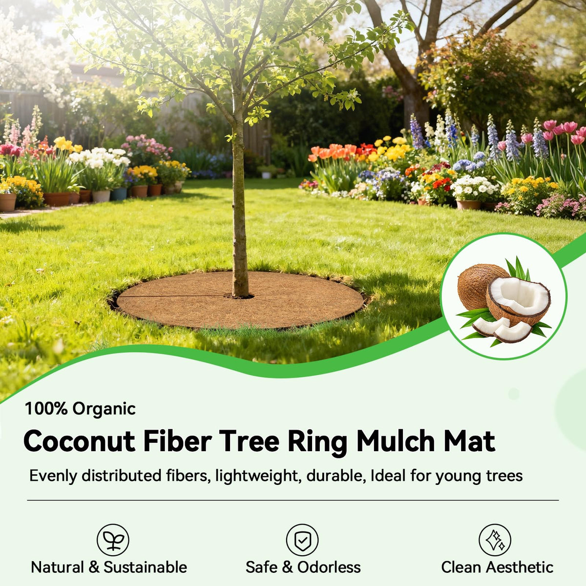 ZeeDix coconut fiber mulch ring closeup texture highlights natural breathable material for healthy roots.