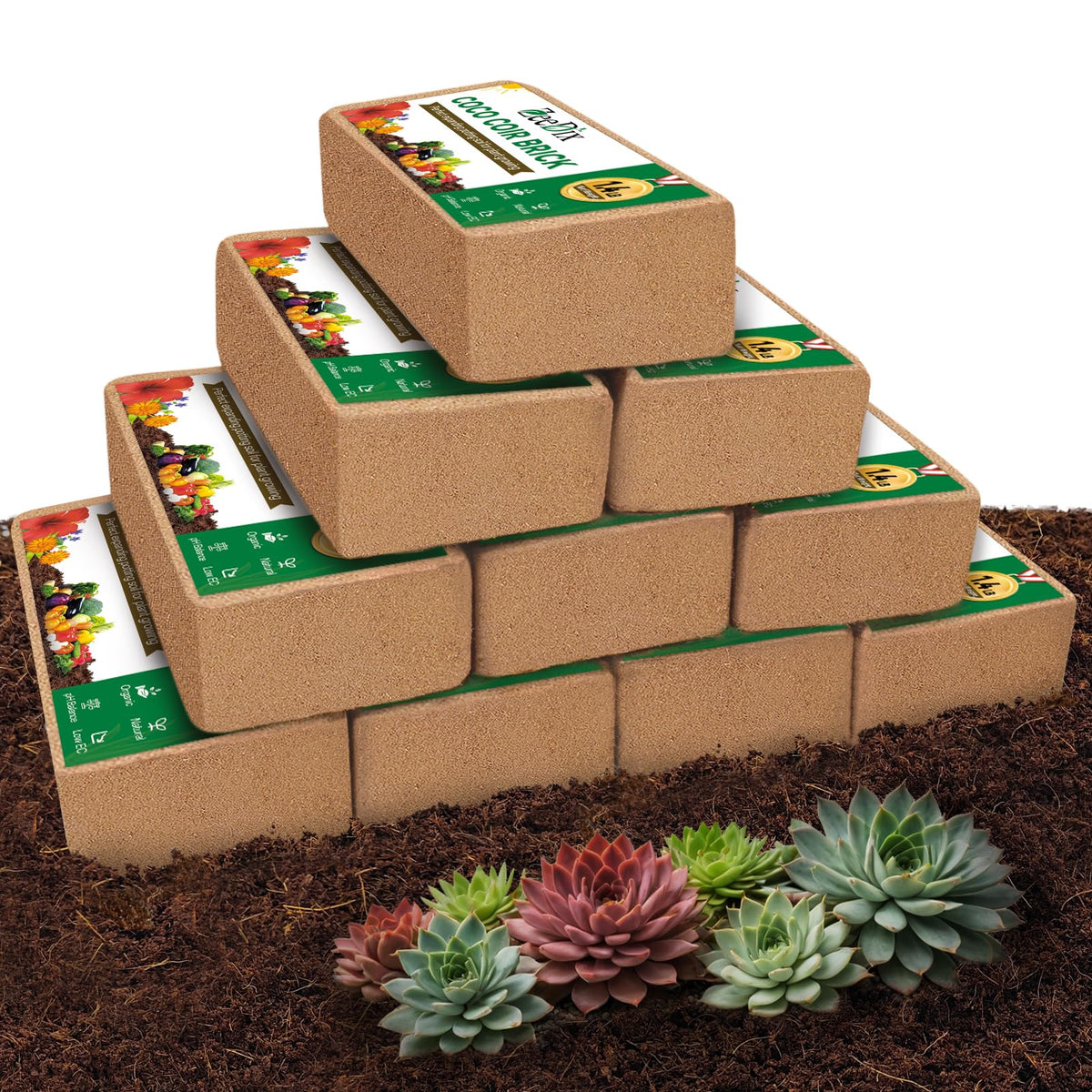 ZeeDix 10-pack coir brick packaging ready for easy garden prep.