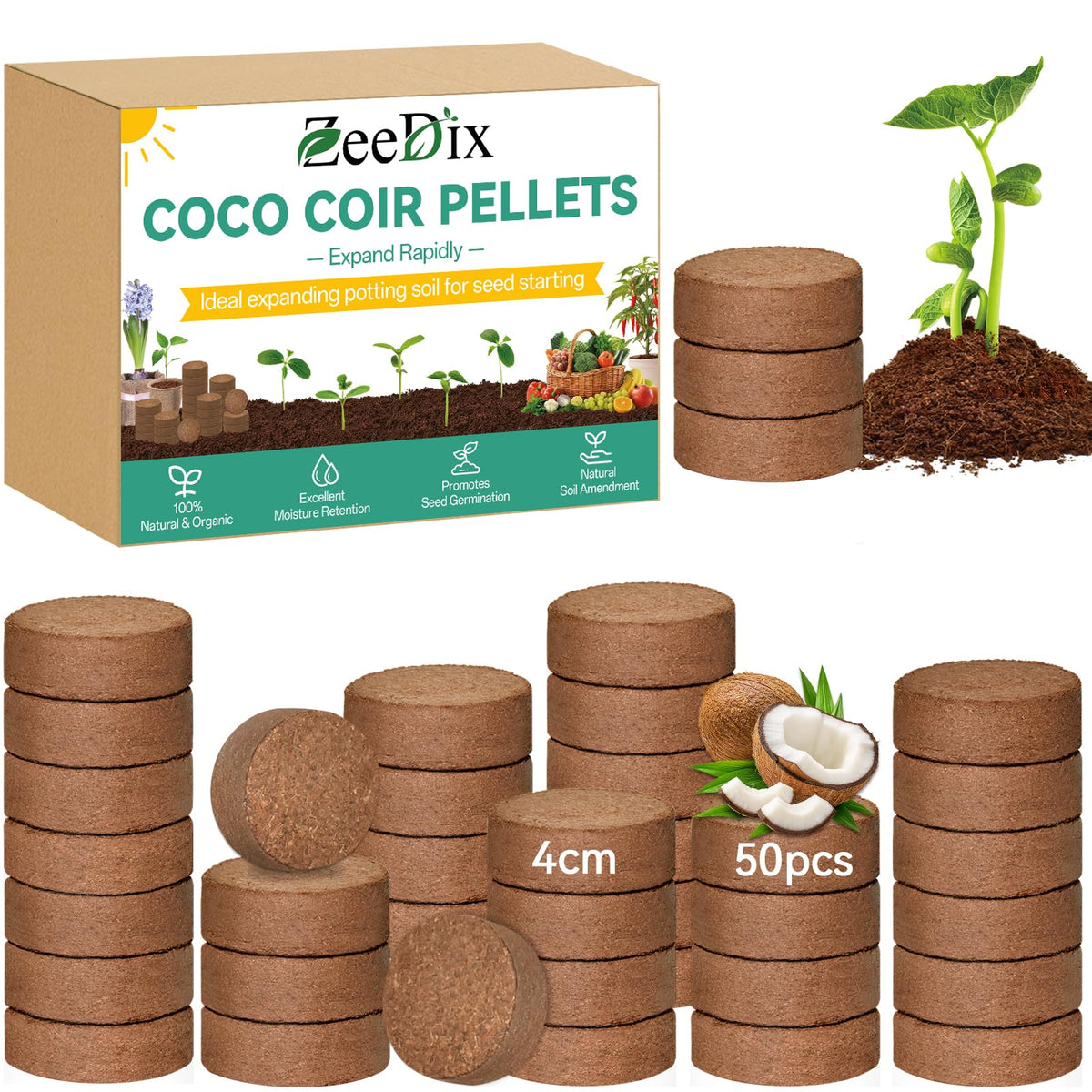 ZeeDix coco coir pellets pack close-up for seed starting and indoor plants