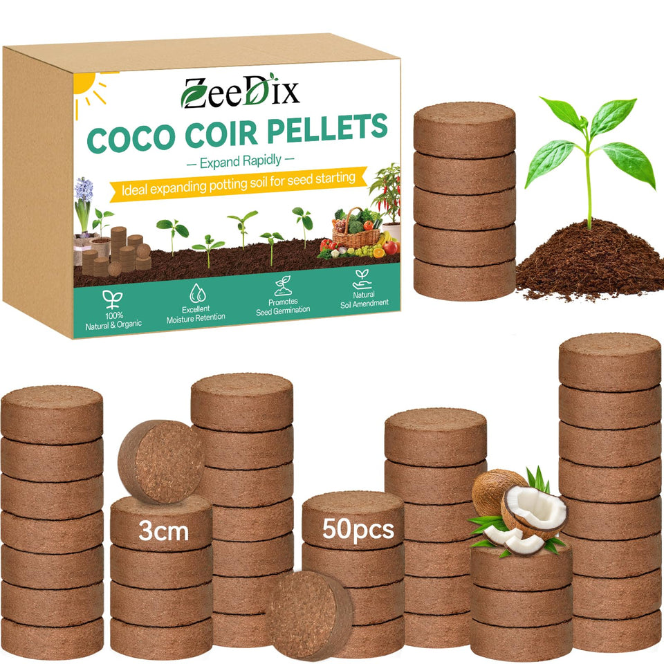 ZeeDix coco coir pellets compact discs ready to expand into potting soil.