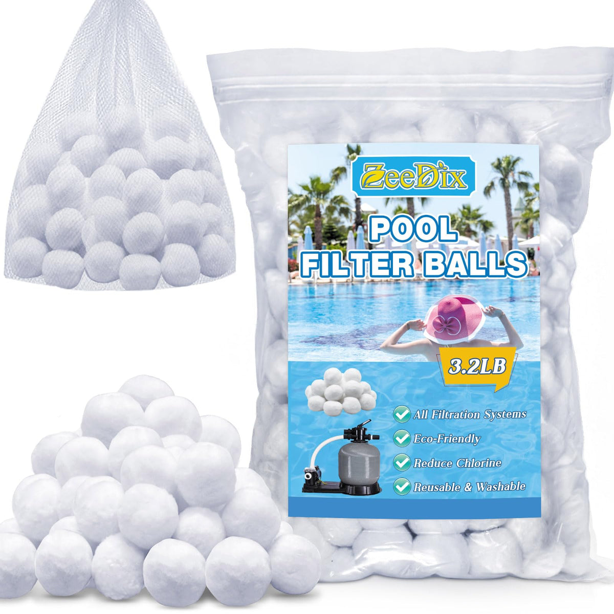 ZeeDix filter balls in a bag closeup for eco-friendly filtration media.