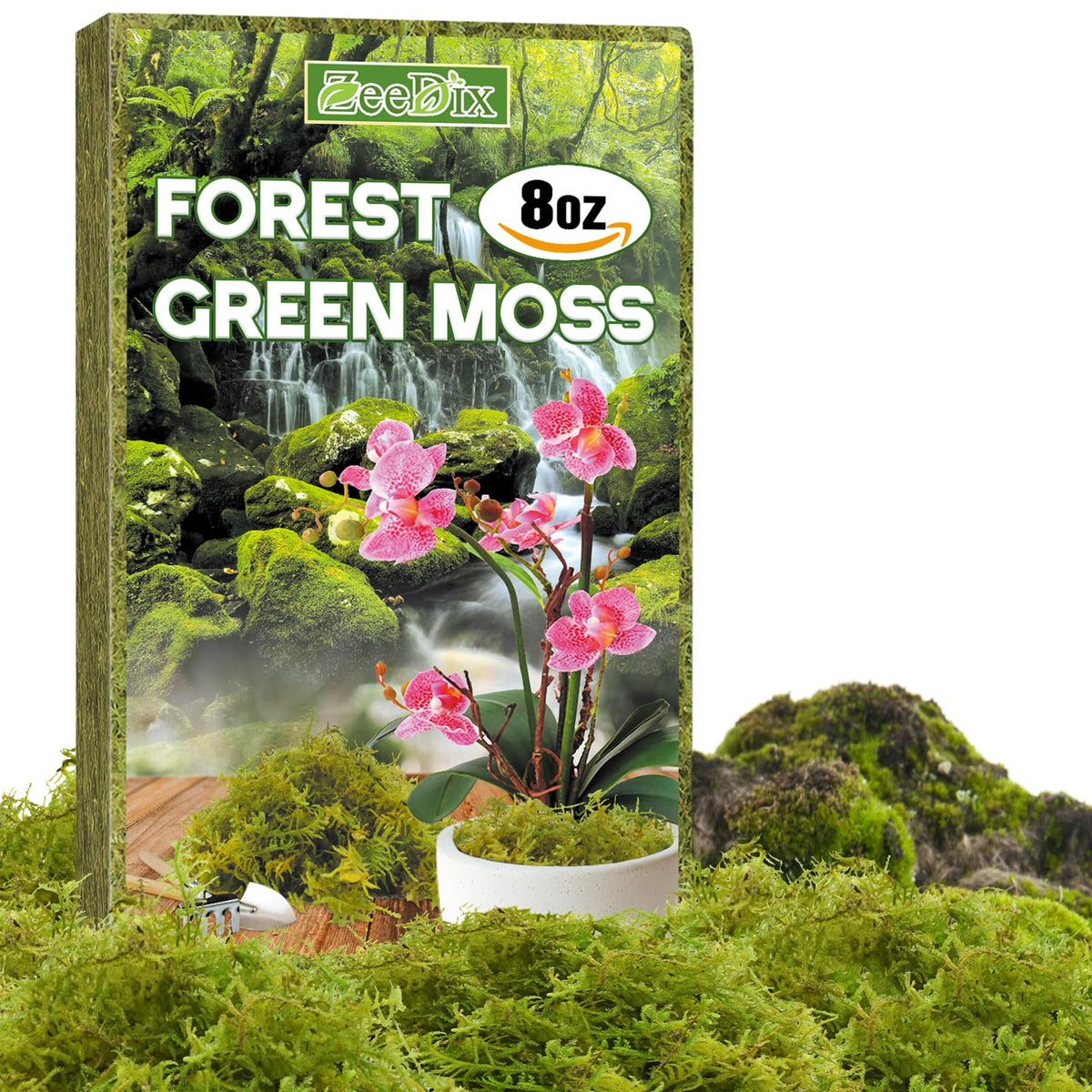 ZeeDix Forest Moss compressed bale saves space and simplifies storage.
